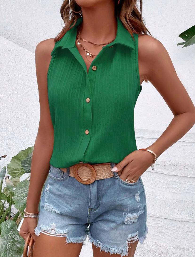 CRINKLE SLEEVELESS BUTTON FRONT SHIRTS TOPS