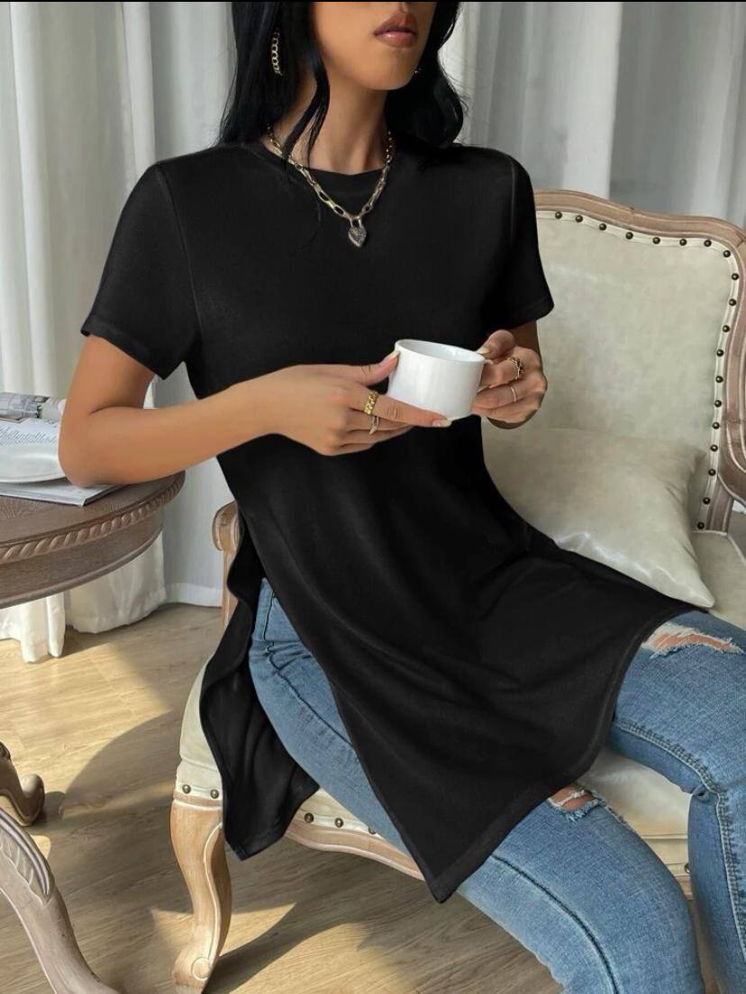 SOLID SPLIT HEM TOP SHIRT