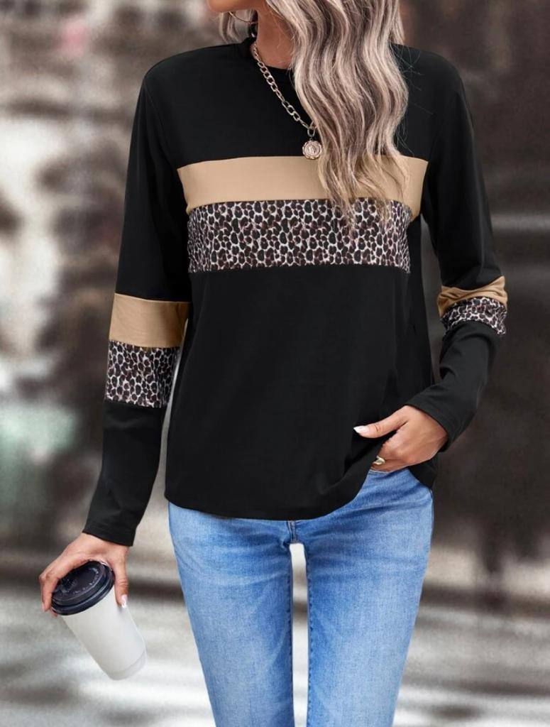 Color Block Leopard Pullover Blouse