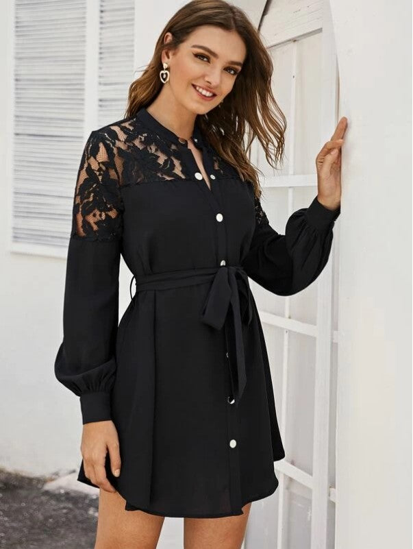 Viscose Lace Button Down Long Sleeve Shirt  Mini Dress with Belted