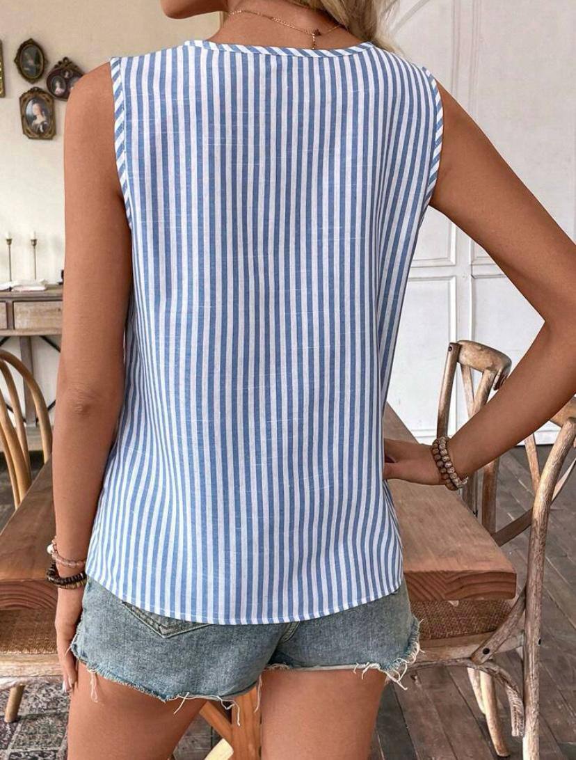 Blue Stripe Cut Out Square Neck Sleeveless Tank Tops Tunics Blouse