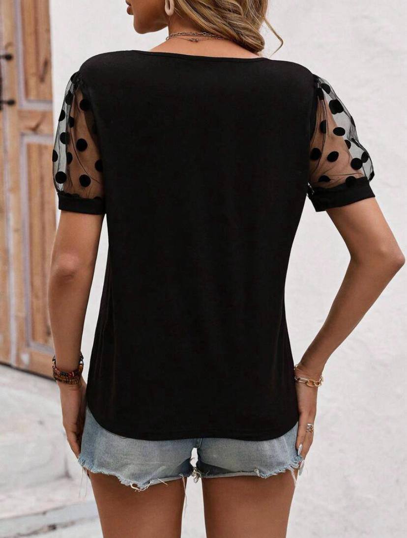 POLKA DOT MESH PATCHWORK SHORT PUFF SLEEVE T-SHIRT