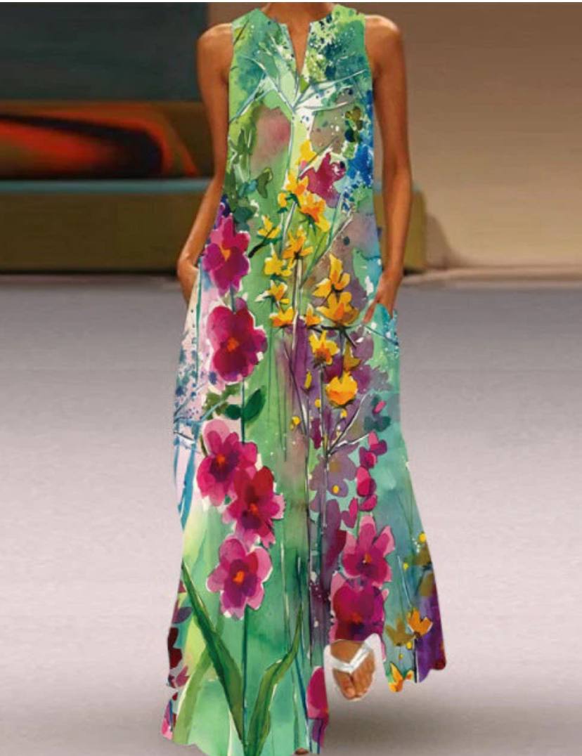 Floral Print Notched Neck Long Dress Casual Sleeveless Maxi Dress