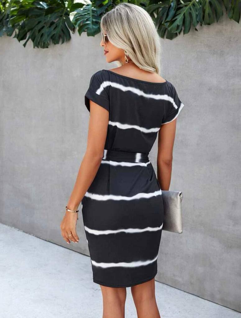 Cotton Blend Striped Dress with Belt