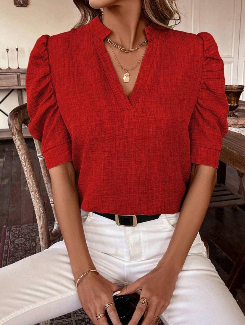 V NECK SOLID PUFF SLEEVE BLOUSE