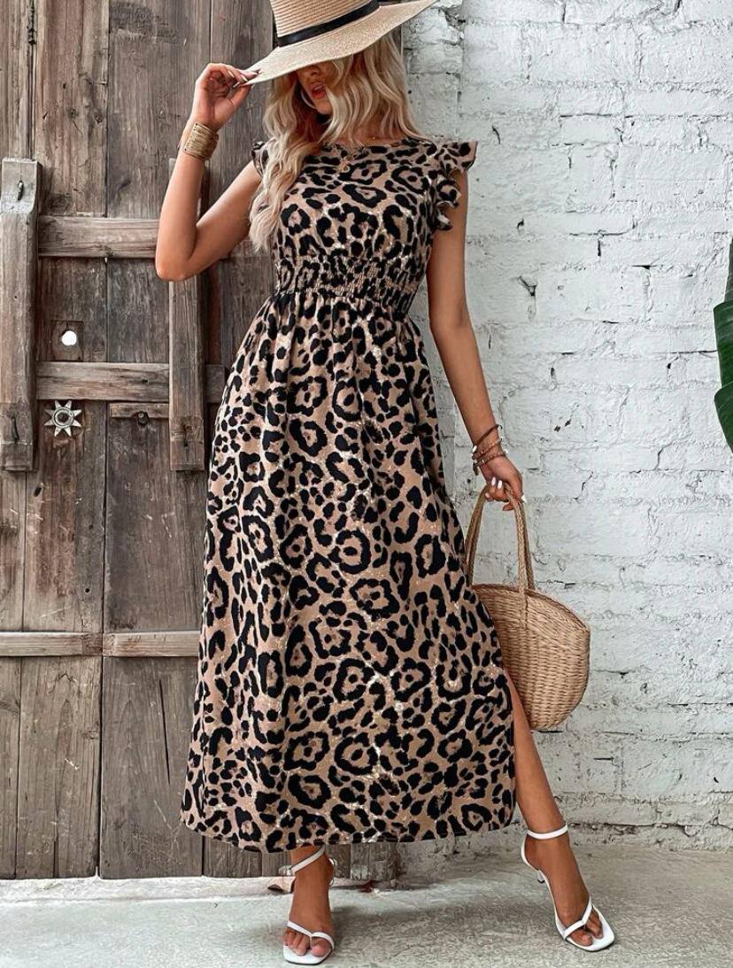 Boho Leopard Ruffle Trim Dress with Sleeveless