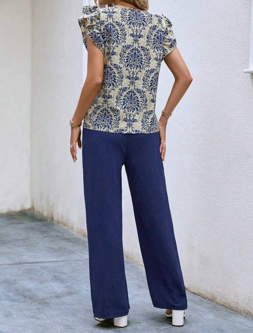 Vacation Style Summer Pantsuits Set, Floral Print V-neck Blouse & Tie Waist Wide Leg Pants Outfits