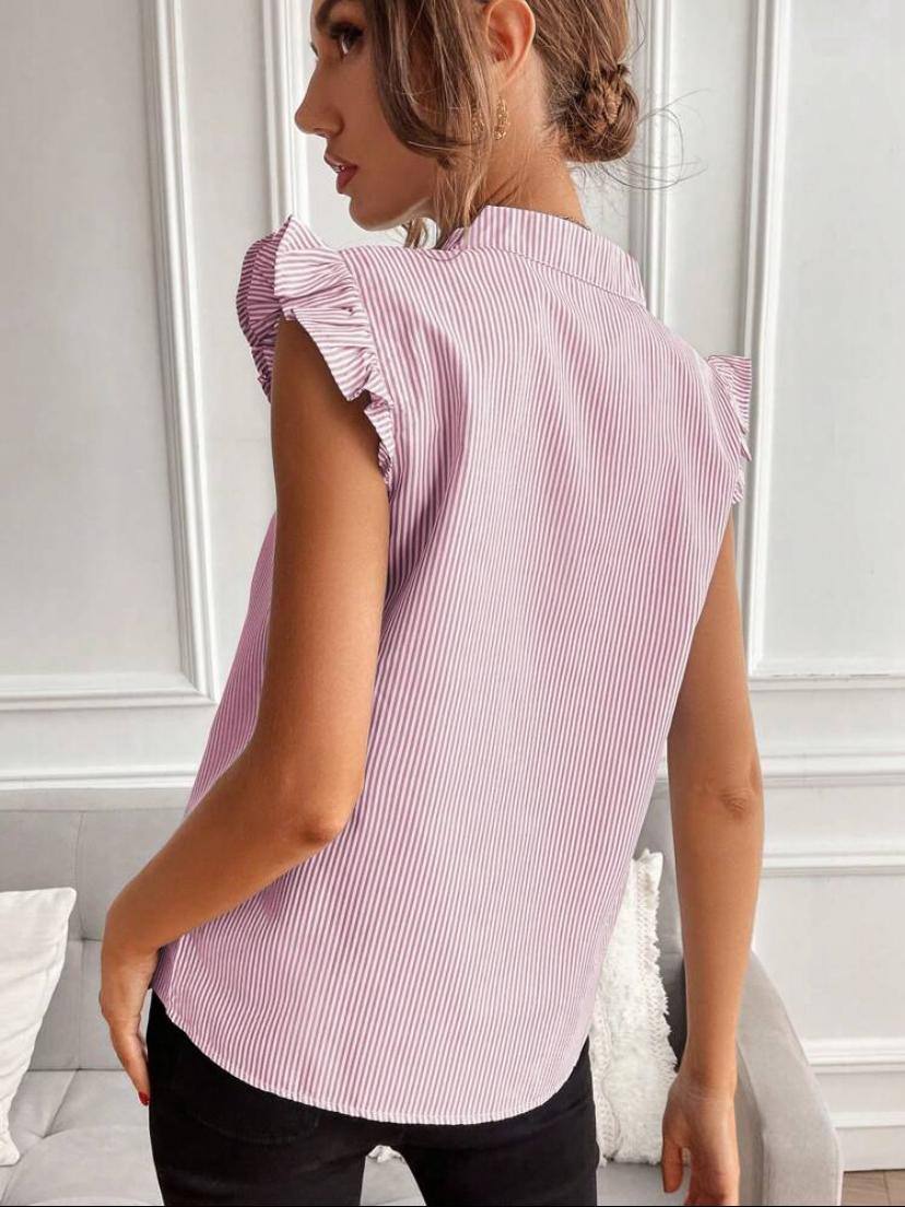 V NECK RUFFLE TRIM TOPS  BLOUSE