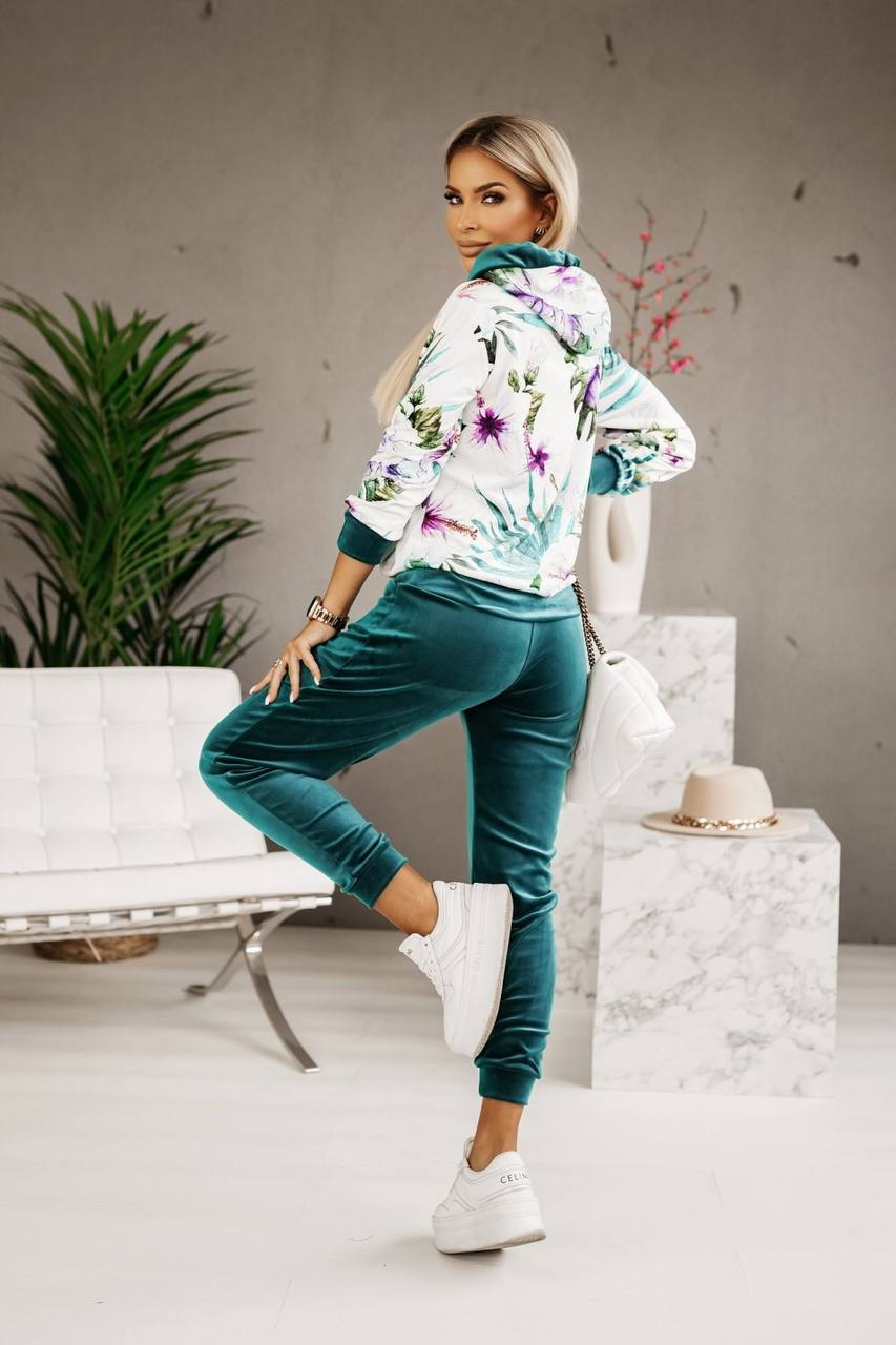 Floral Hoodie and Solid Velour Pants Matching Set