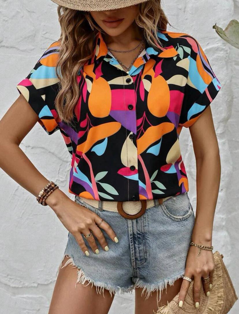 Women Colorful Designer Short Sleeve Button Up Shirts