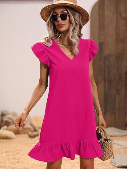 V Neck Ruffle Sleeve Trim Mini Summer Dress