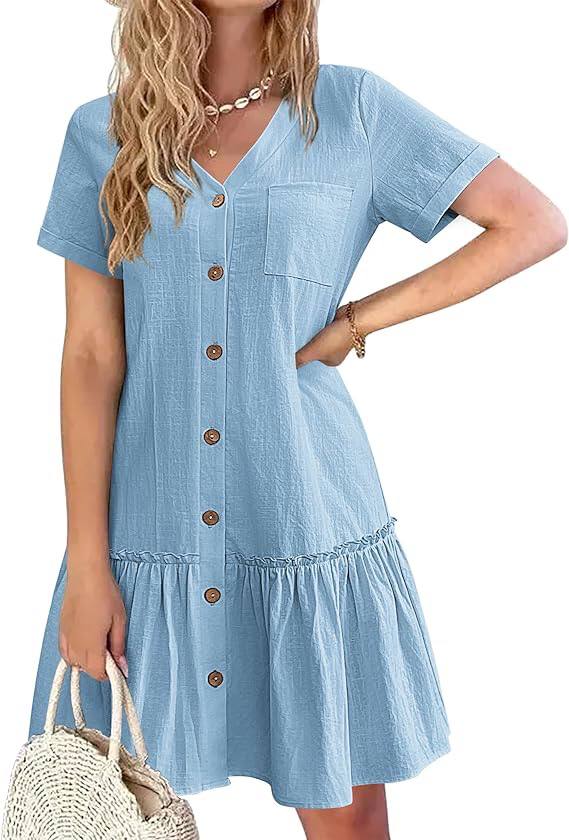 Casual Button Down Shirt Dress Short Sleeve V Neck Mini Summer Dress