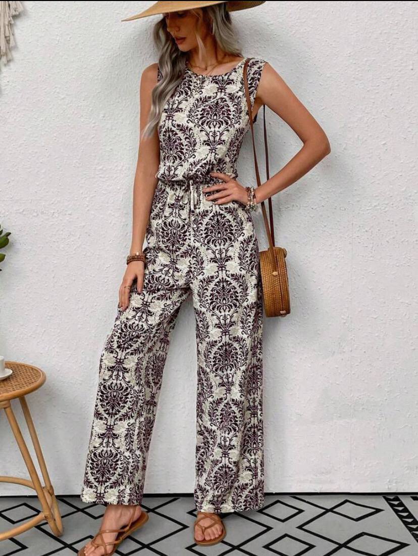 Women Boho Sleeveless Paisley Jumpsuit With Elastic Waist