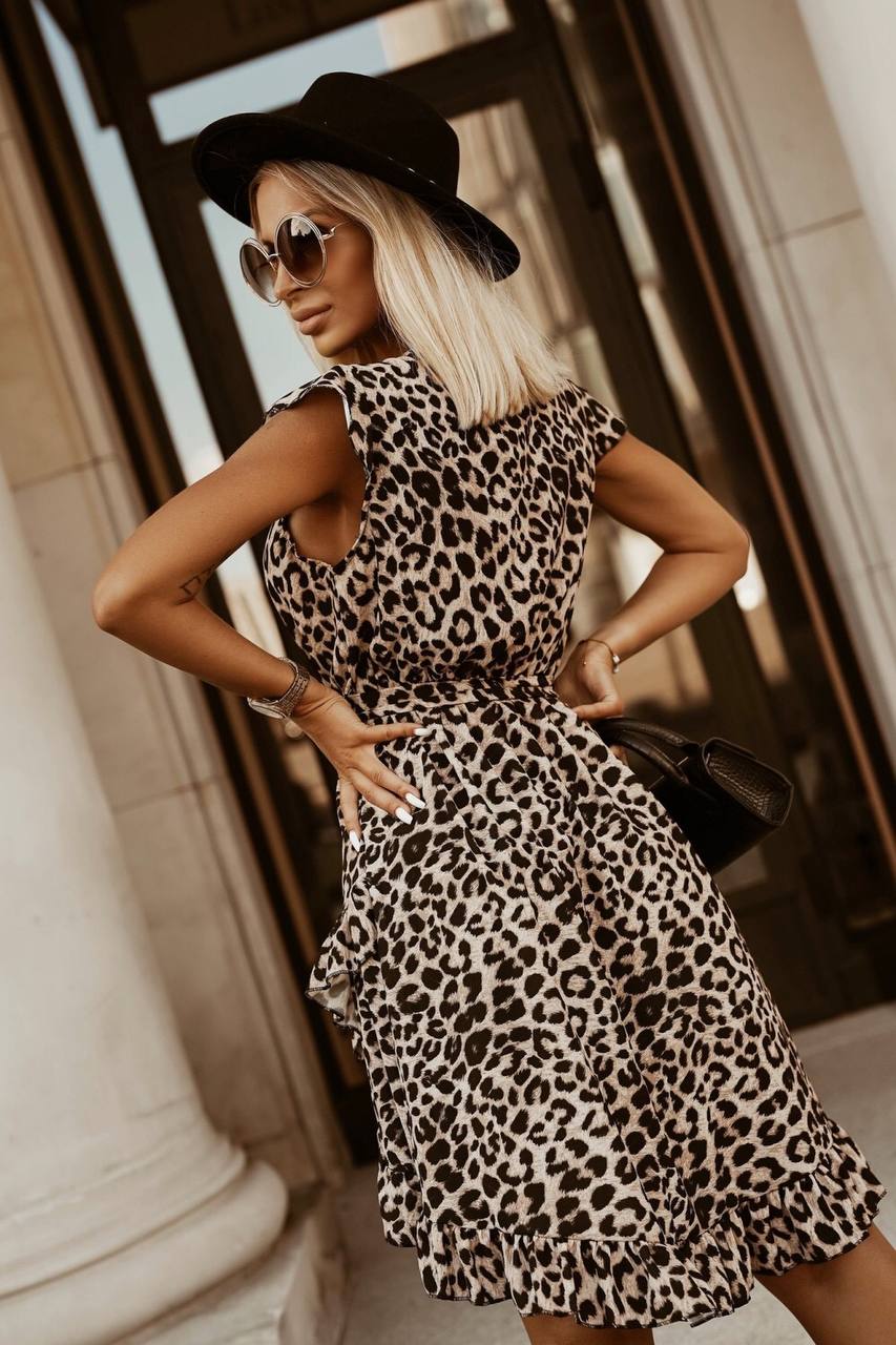 LEOPARD RUFFLE SLEEVELESS  SHORT DRESS WITH BELTED