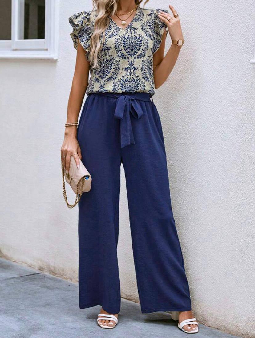 Vacation Style Summer Pantsuits Set, Floral Print V-neck Blouse & Tie Waist Wide Leg Pants Outfits