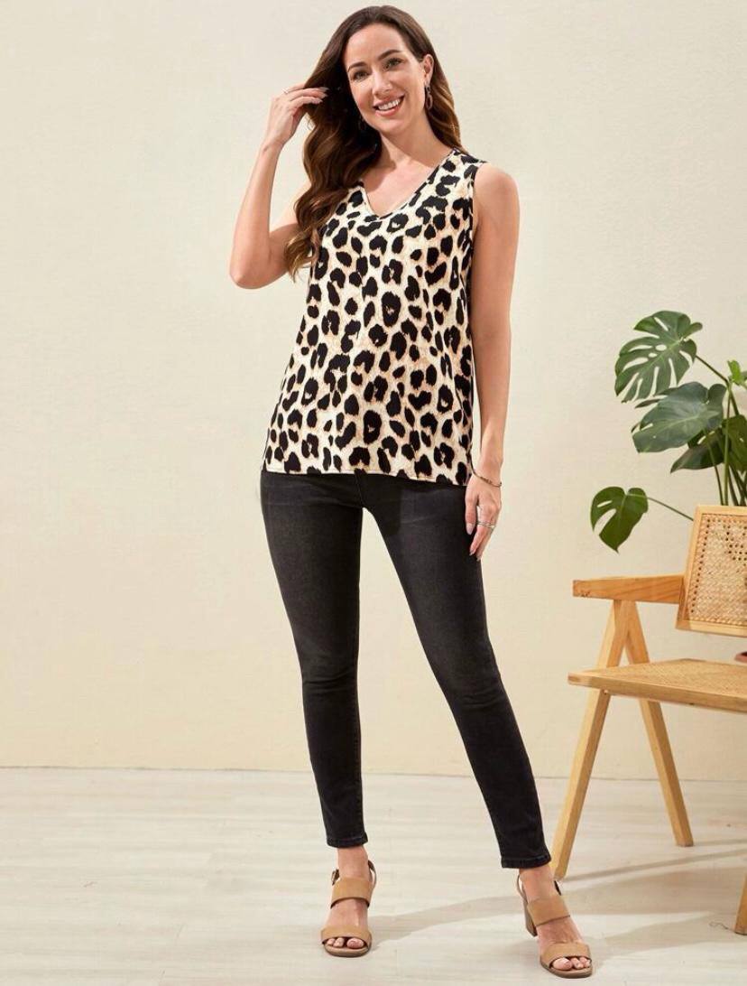 Cheetah Leopard Print Flowy Peplum High Low V-Neck Sleeveless Blouse