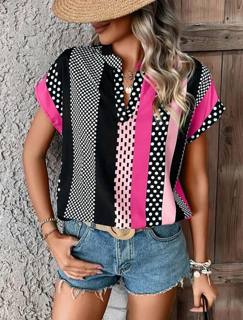 POLKA DOT STRIPE V NECK BATWING SHORT SLEEVE TOPS BLOUSE