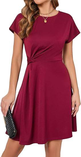 Short Sleeve Twist Knot Cocktail Dress Crew Neck Casual Party Dresses