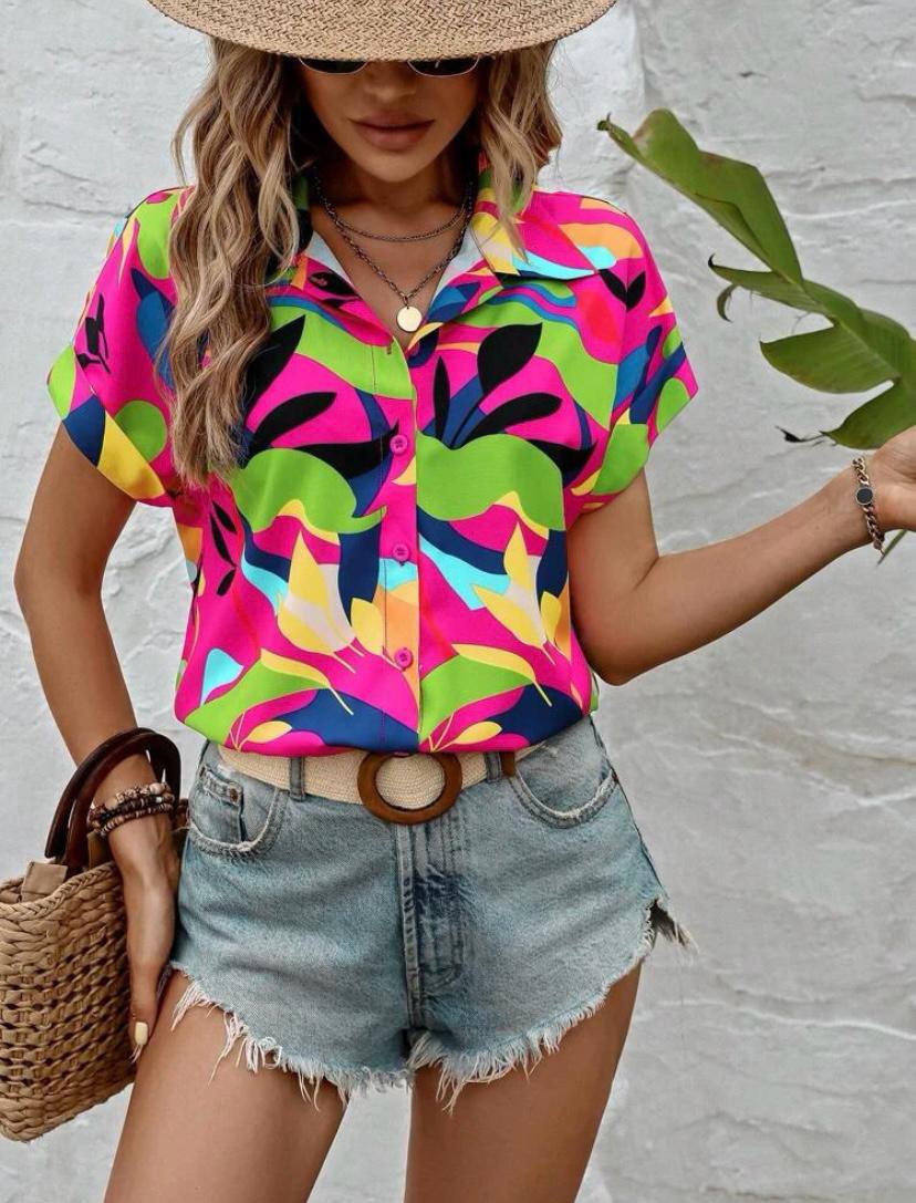 Women Colorful Designer Short Sleeve Button Up Shirts