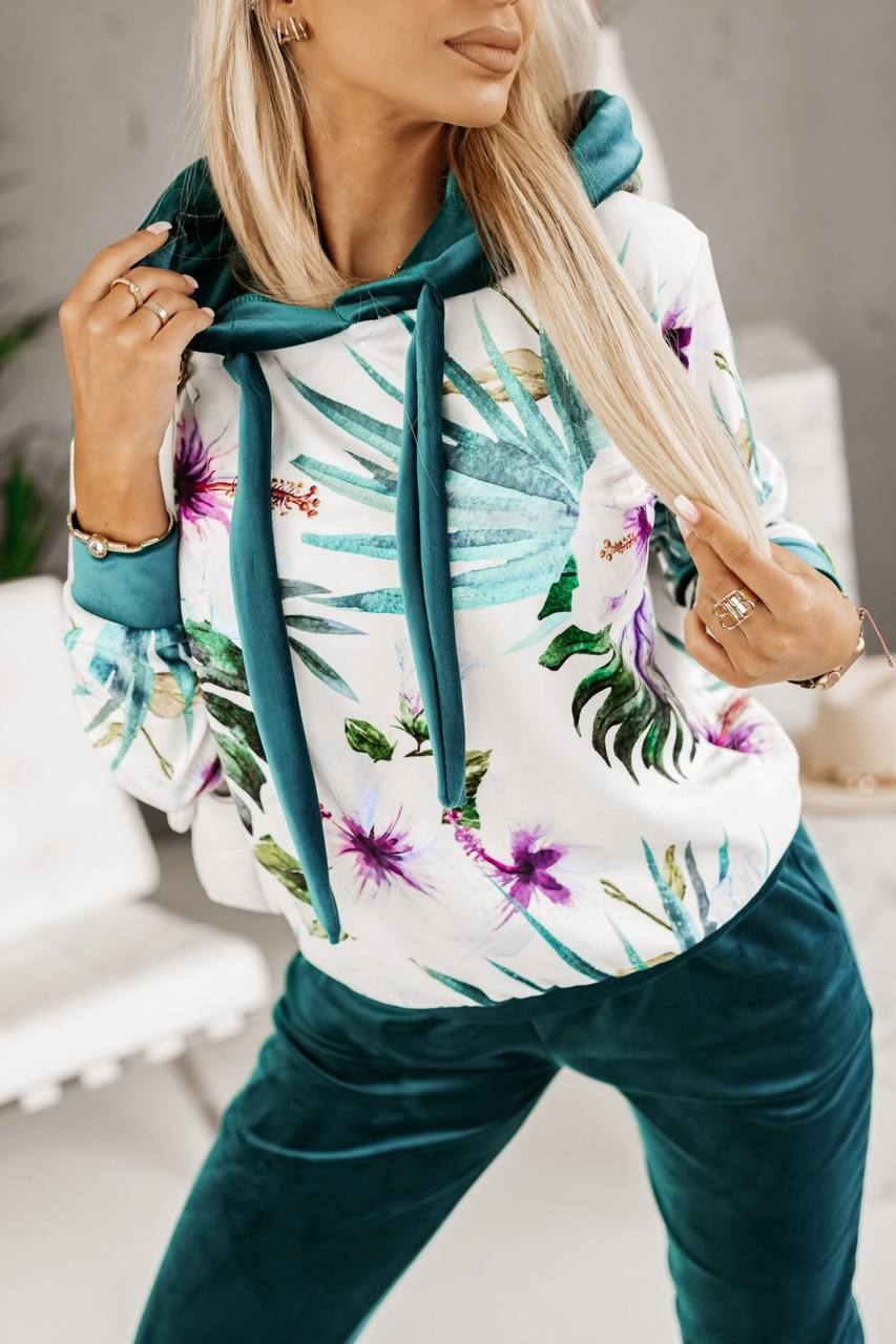 Floral Hoodie and Solid Velour Pants Matching Set