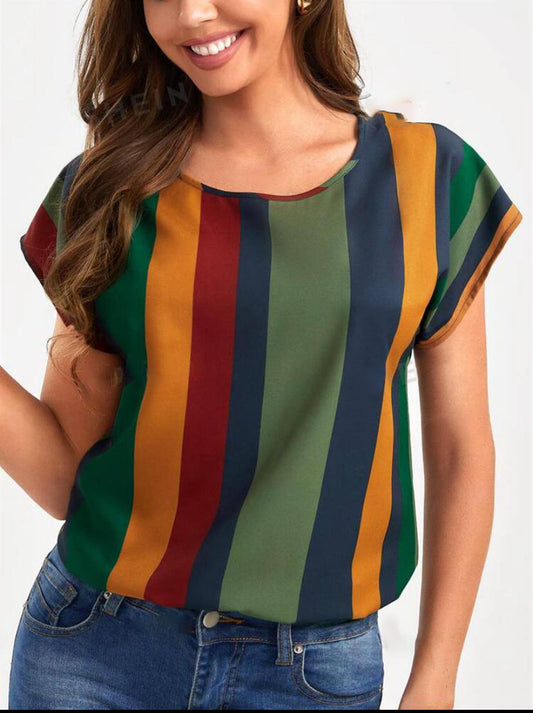 SHORT SLEEVE COLORFUL STRIPE BLOUSE TOPS