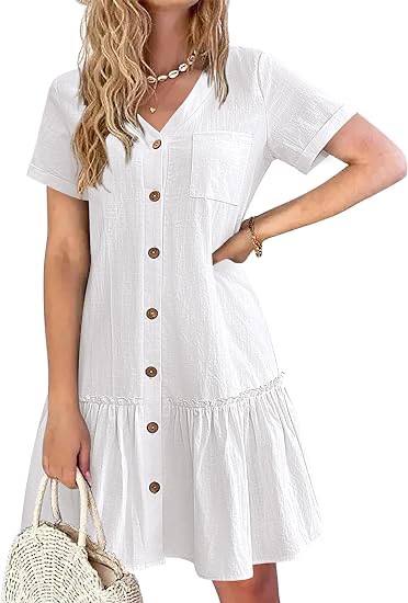 Casual Button Down Shirt Dress Short Sleeve V Neck Mini Summer Dress