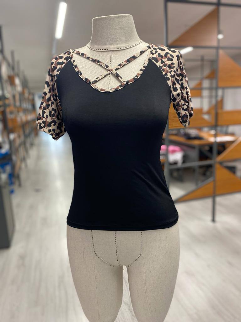 Leopard Criss Cross V Neck T-Shirt