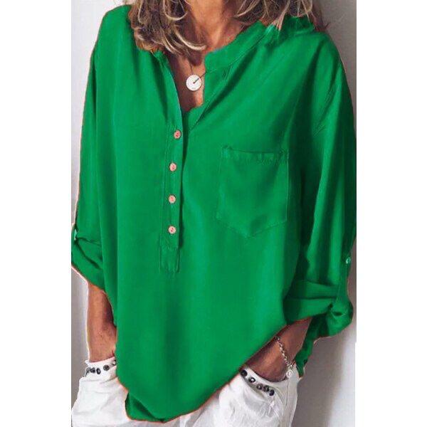 Women Mandarin Collar Half Button Down Rolled-up Sleeve  Shirts Blouses with Pocket