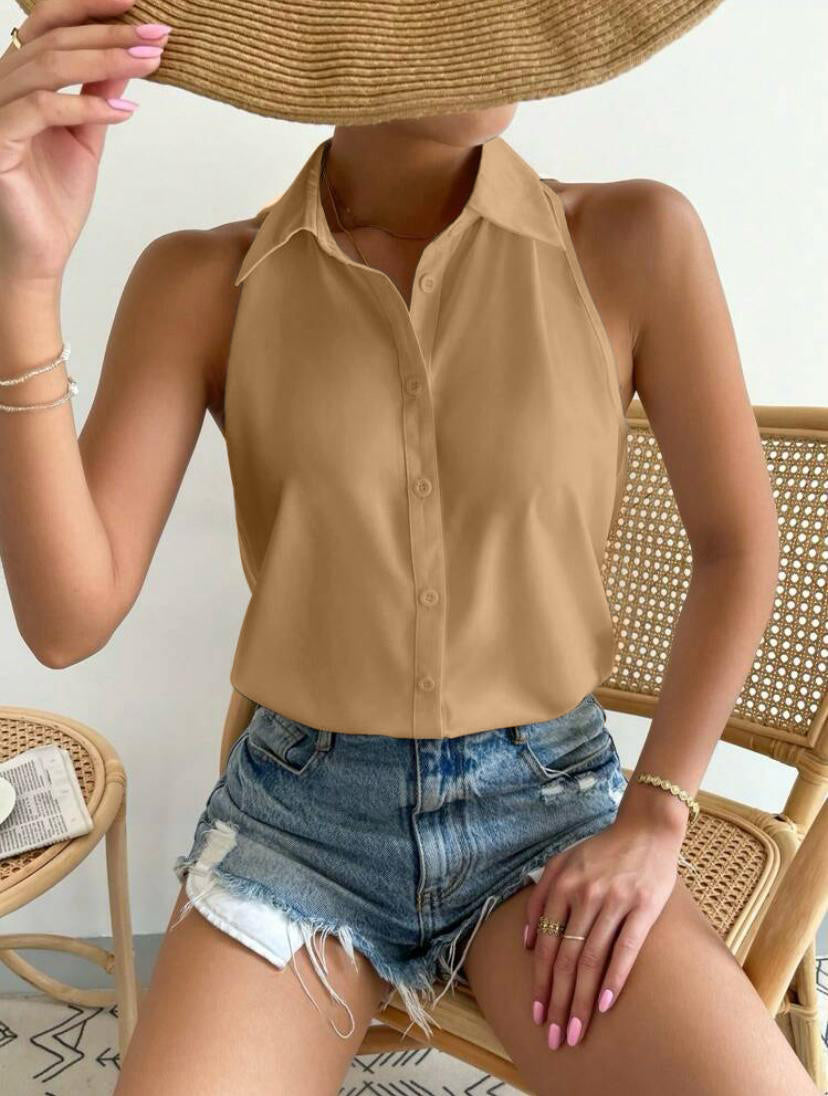 Sleeveless Button Down Shirts Viscose Collared Top Blouse