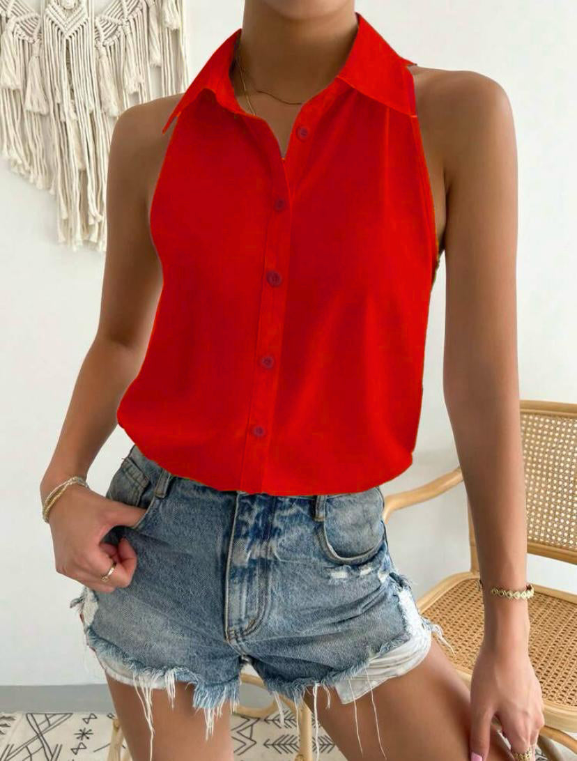 Sleeveless Button Down Shirts Viscose Collared Top Blouse