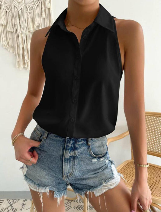 Sleeveless Button Down Shirts Viscose Collared Top Blouse