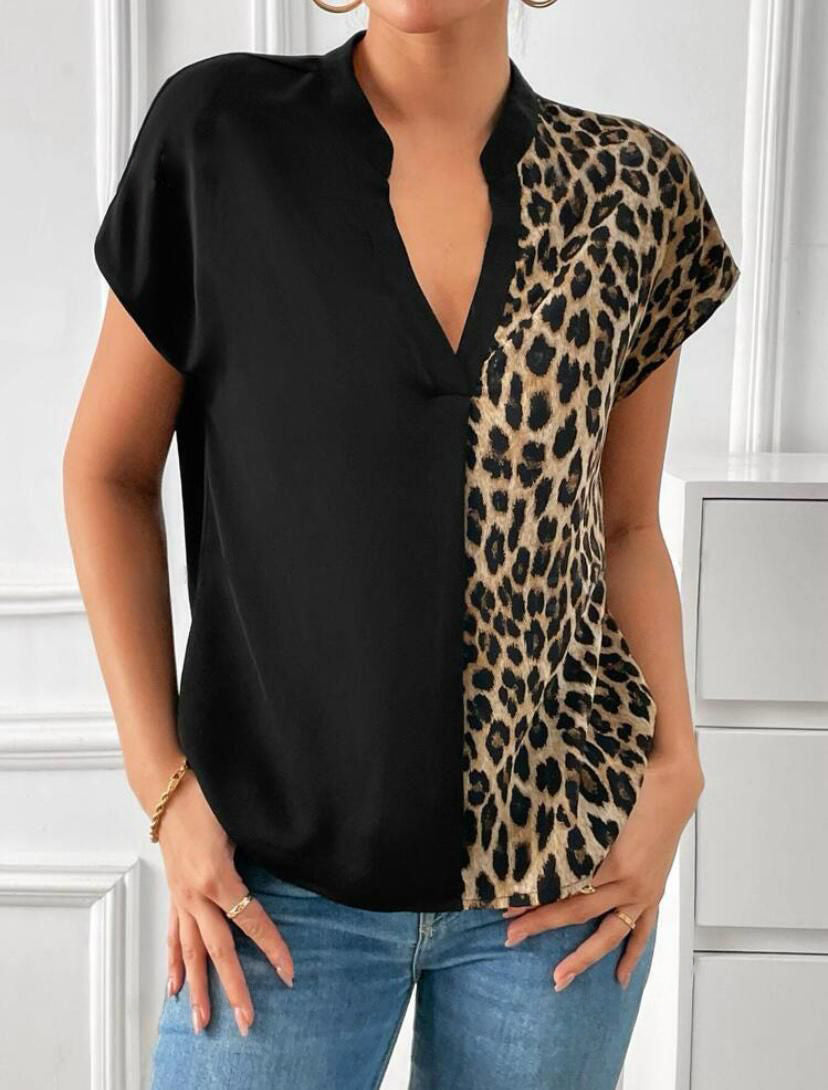 Casual Leopard V Neck Short Sleeve Blouse