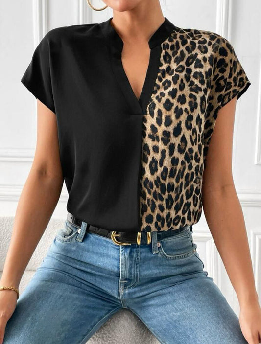 Casual Leopard V Neck Short Sleeve Blouse