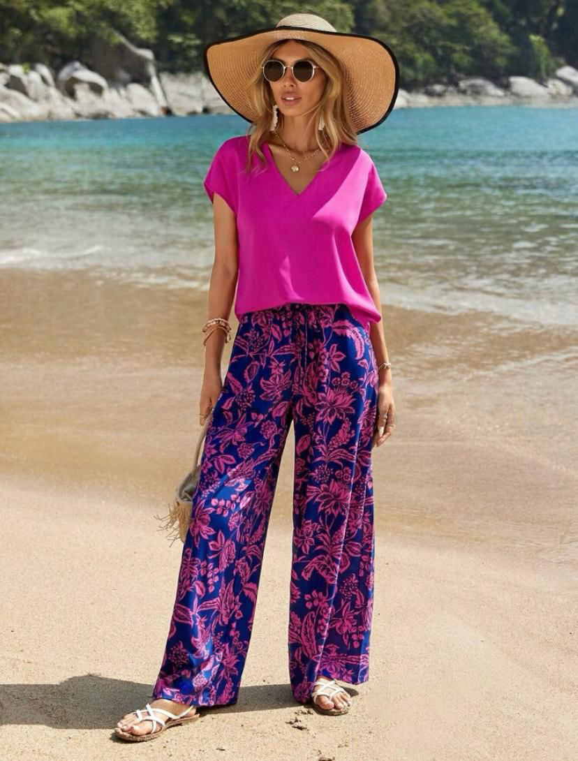 Summer Pantsuits Set, Solid Color V-neck Blouse & Floral Printed Wide Leg Pants Outfits