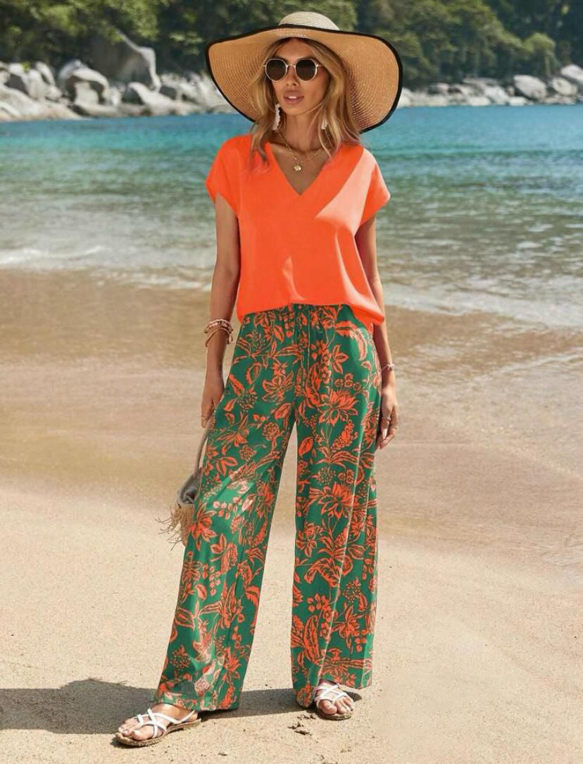 Summer Pantsuits Set, Solid Color V-neck Blouse & Floral Printed Wide Leg Pants Outfits