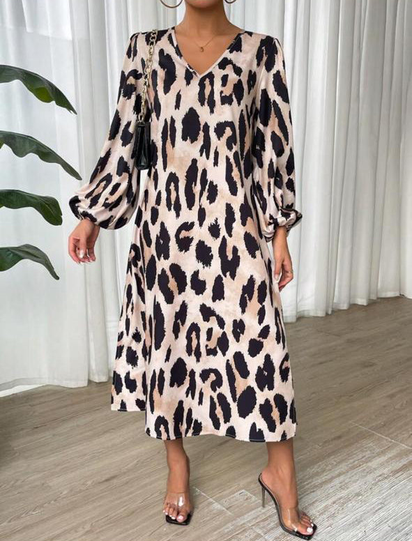 V Neck Leopard Printed Maxi Dress