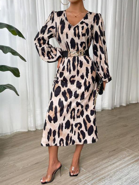 V Neck Leopard Printed Maxi Dress