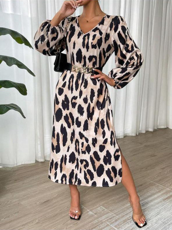 V Neck Leopard Printed Maxi Dress