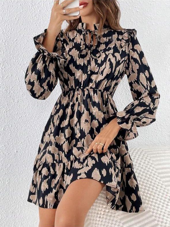 Ruffled Sleeve Stand Colllar Dress