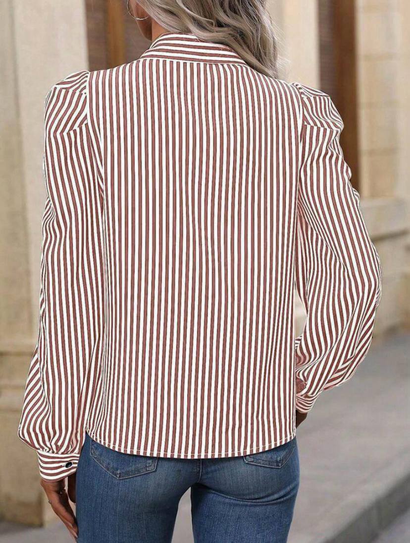 PUFF STRIPE BUTTON DOWN SHIRT CASUAL COLLARED BLOUSE