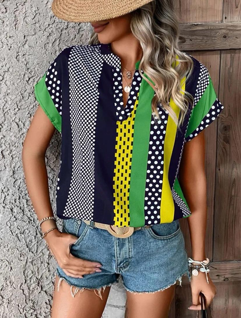 POLKA DOT STRIPE V NECK BATWING SHORT SLEEVE TOPS BLOUSE