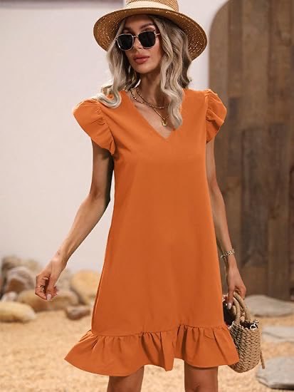 V Neck Ruffle Sleeve Trim Mini Summer Dress