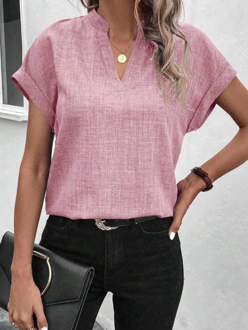 V NECK SOLID BATWING SHORT SLEEVE BLOUSE