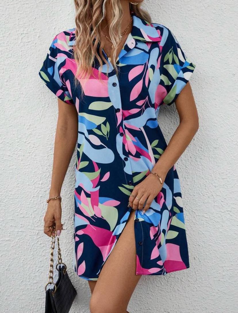 SUMMER FLORAL MINI DRESS WITH BUTTON UP SHORT SLEEVE SUN DRESS