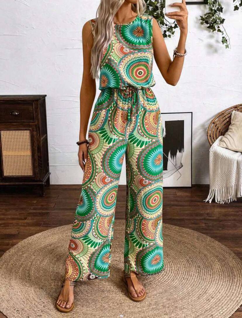 Women Boho Sleeveless Paisley Jumpsuit With Elastic Waist