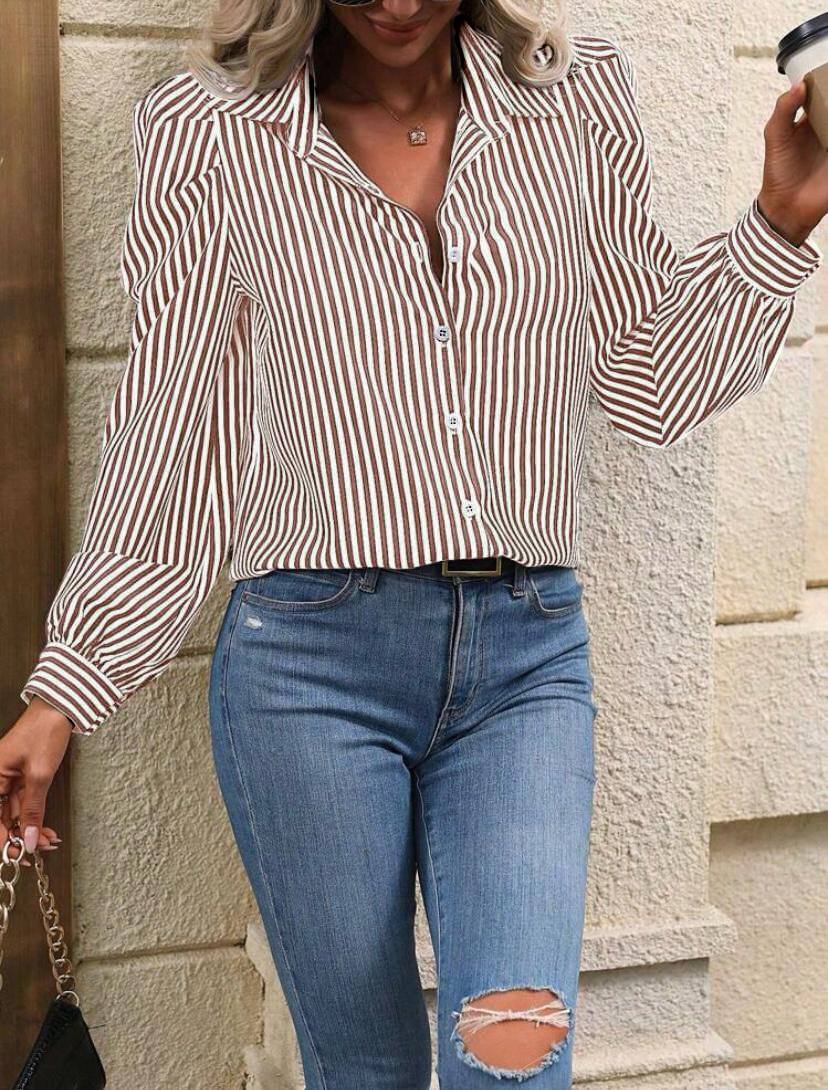 PUFF STRIPE BUTTON DOWN SHIRT CASUAL COLLARED BLOUSE