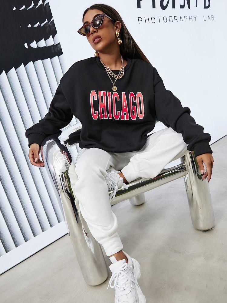 Solid Chicago Print Sweater and Pants Jogger Sets for Women 2 Piece Sweatsuit Outfits Long Sleeve Pullover Sweatshirt Pants Set Tracksuit