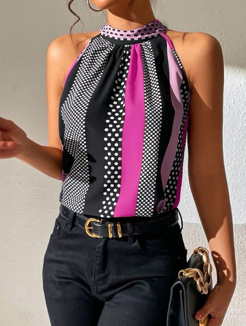 Stripe Halter Top with Keyhole Back and Polka Dot Stripe Sleveless Blouse