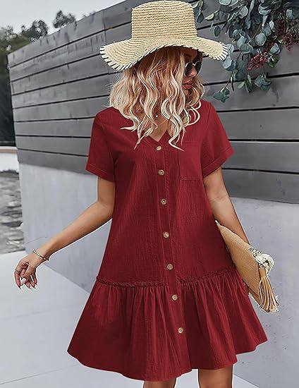 Casual Button Down Shirt Dress Short Sleeve V Neck Mini Summer Dress