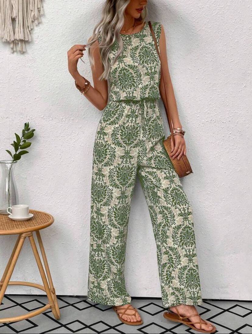 Women Boho Sleeveless Paisley Jumpsuit With Elastic Waist